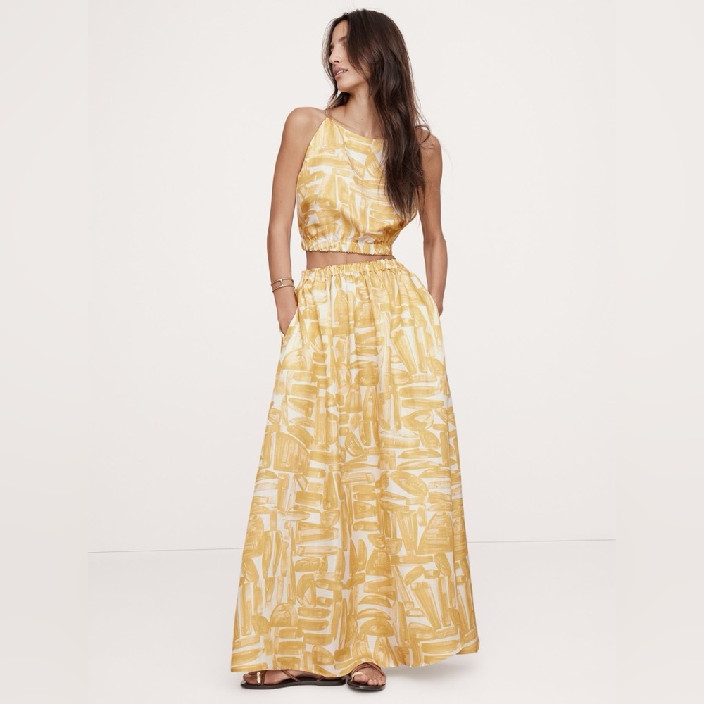 Banana Republic Viscose-Linen Cropped Boatneck Top and Midi Skirt set Yellow XS